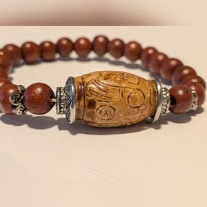 Wooden Bead Stretch Bracelet with Metal Accents